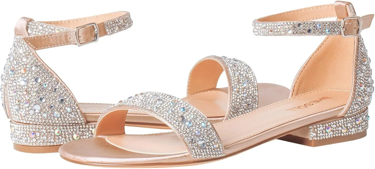 SheSole Women's Rhinestone Low Block Heel Sandals Sparkly Ankle Strap Sandal Bridal Wedding Dress Shoes Silver Gold White