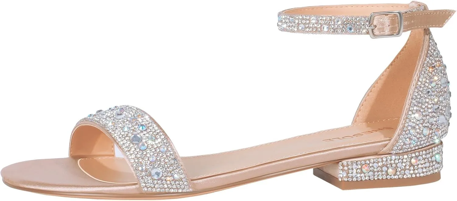 SheSole Women's Rhinestone Low Block Heel Sandals Sparkly Ankle Strap Sandal Bridal Wedding Dress Shoes Silver Gold White