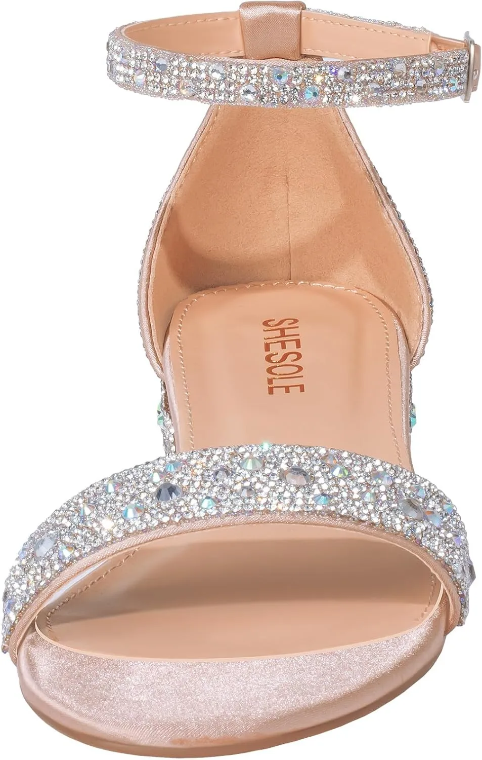 SheSole Women's Rhinestone Low Block Heel Sandals Sparkly Ankle Strap Sandal Bridal Wedding Dress Shoes Silver Gold White