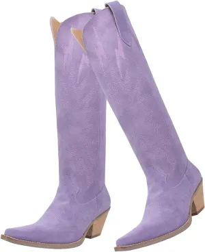 SHODENSE Women Suede Knee High Cowgirl Cowboy Boots Embroidered Stacked Heel Pointed Toe Tall Western Boots Pull On Wide Calf Low Chunky Heel Dress Long Boots Vintage Casual 4-11 M US