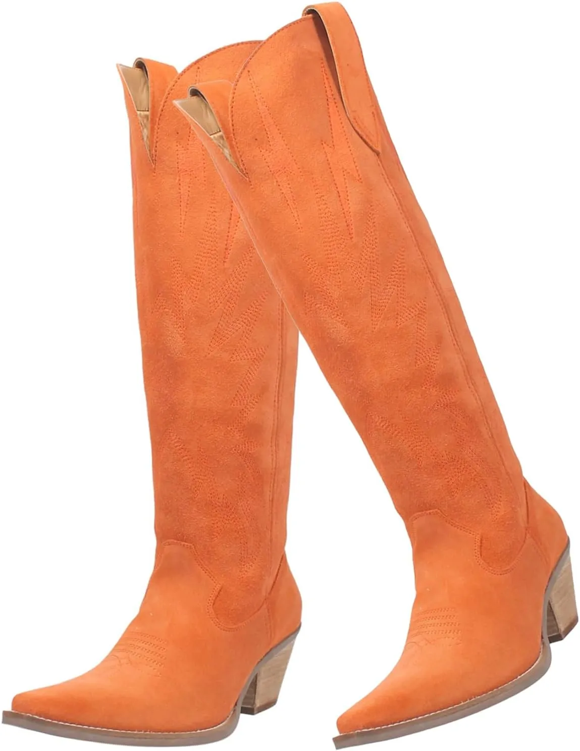 SHODENSE Women Suede Knee High Cowgirl Cowboy Boots Embroidered Stacked Heel Pointed Toe Tall Western Boots Pull On Wide Calf Low Chunky Heel Dress Long Boots Vintage Casual 4-11 M US