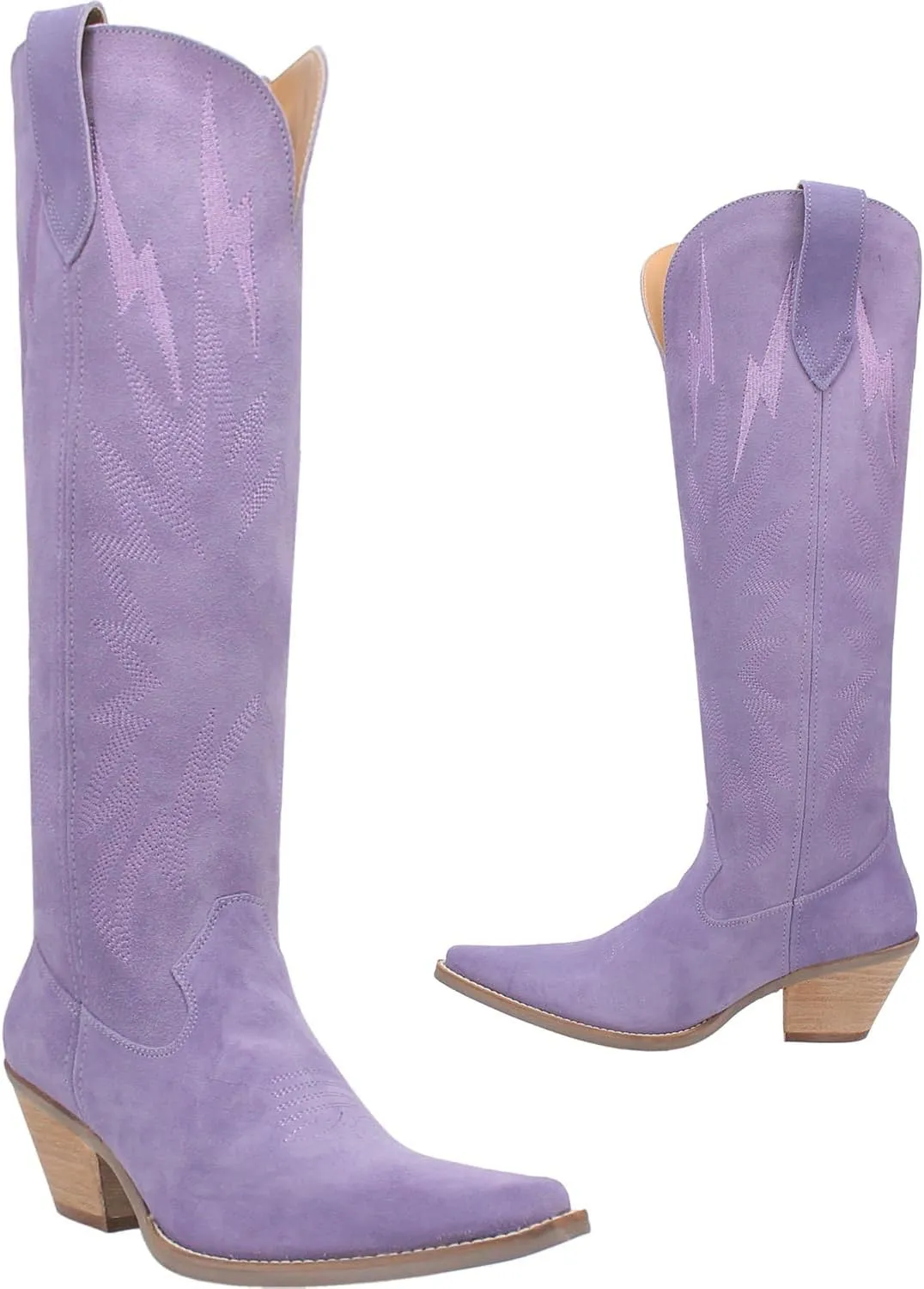 SHODENSE Women Suede Knee High Cowgirl Cowboy Boots Embroidered Stacked Heel Pointed Toe Tall Western Boots Pull On Wide Calf Low Chunky Heel Dress Long Boots Vintage Casual 4-11 M US