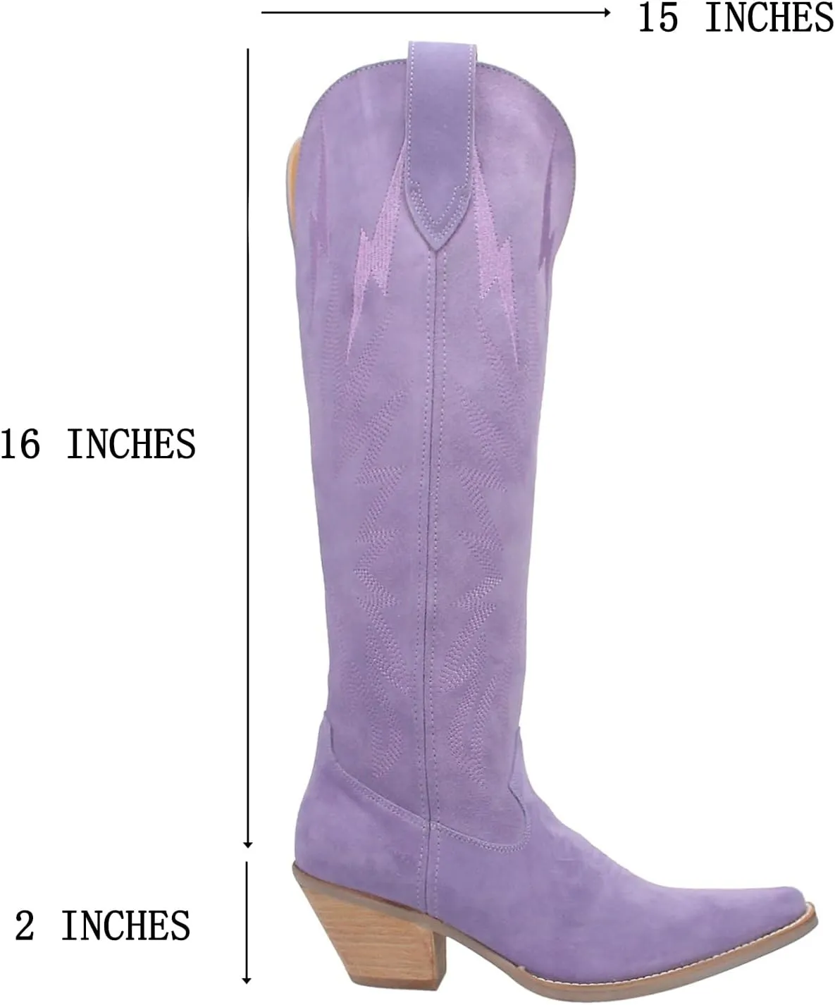 SHODENSE Women Suede Knee High Cowgirl Cowboy Boots Embroidered Stacked Heel Pointed Toe Tall Western Boots Pull On Wide Calf Low Chunky Heel Dress Long Boots Vintage Casual 4-11 M US