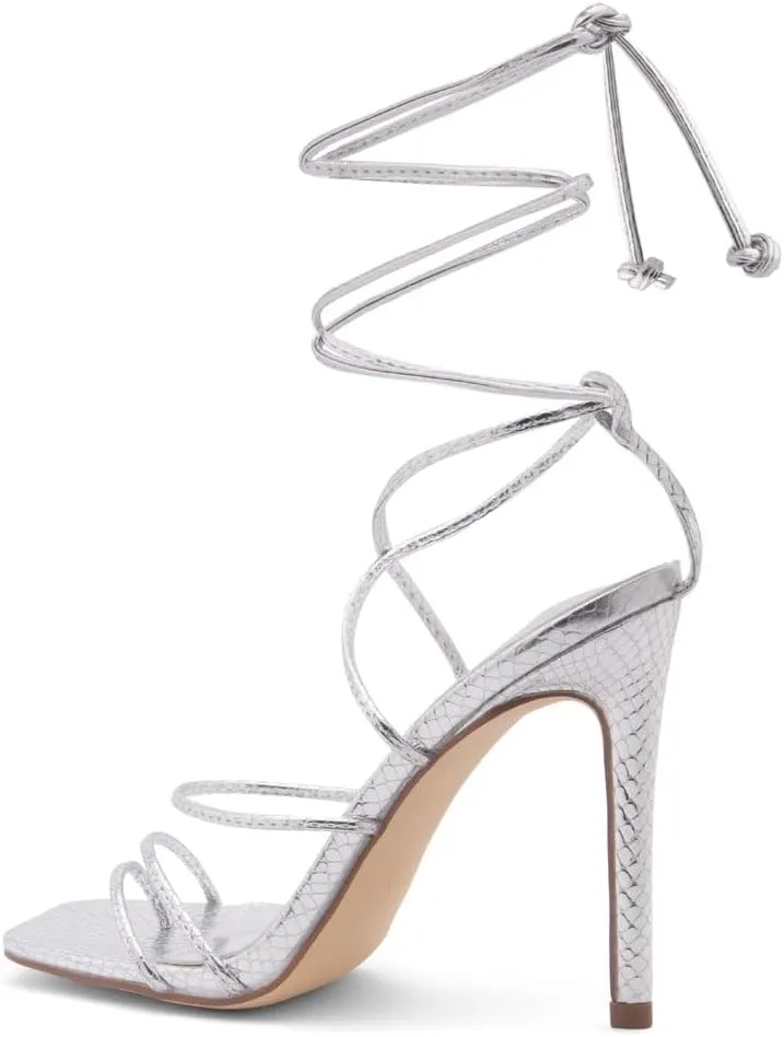 Shoe Land SL-Finely Women's Lace-Up Heels, Square Open Toe Ankle Wrap Tie-Up Heeled Sandals, 4-Inch Stiletto Strappy Dress Sandals for Party, Wedding, and Prom