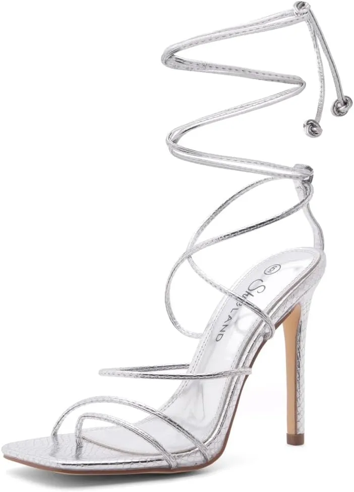 Shoe Land SL-Finely Women's Lace-Up Heels, Square Open Toe Ankle Wrap Tie-Up Heeled Sandals, 4-Inch Stiletto Strappy Dress Sandals for Party, Wedding, and Prom