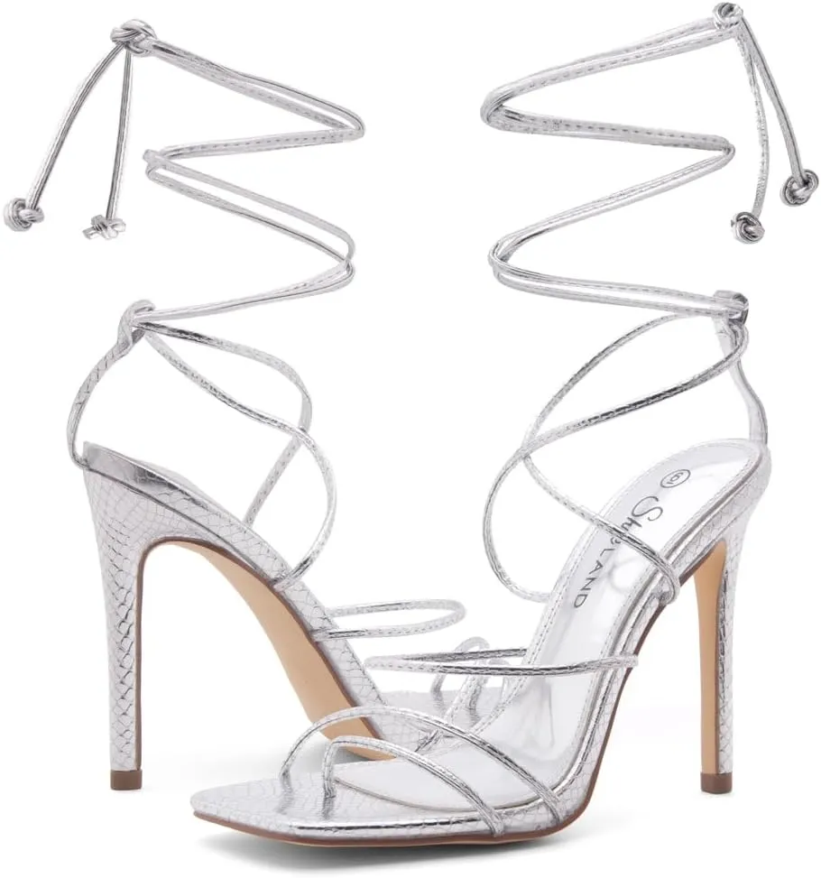 Shoe Land SL-Finely Women's Lace-Up Heels, Square Open Toe Ankle Wrap Tie-Up Heeled Sandals, 4-Inch Stiletto Strappy Dress Sandals for Party, Wedding, and Prom