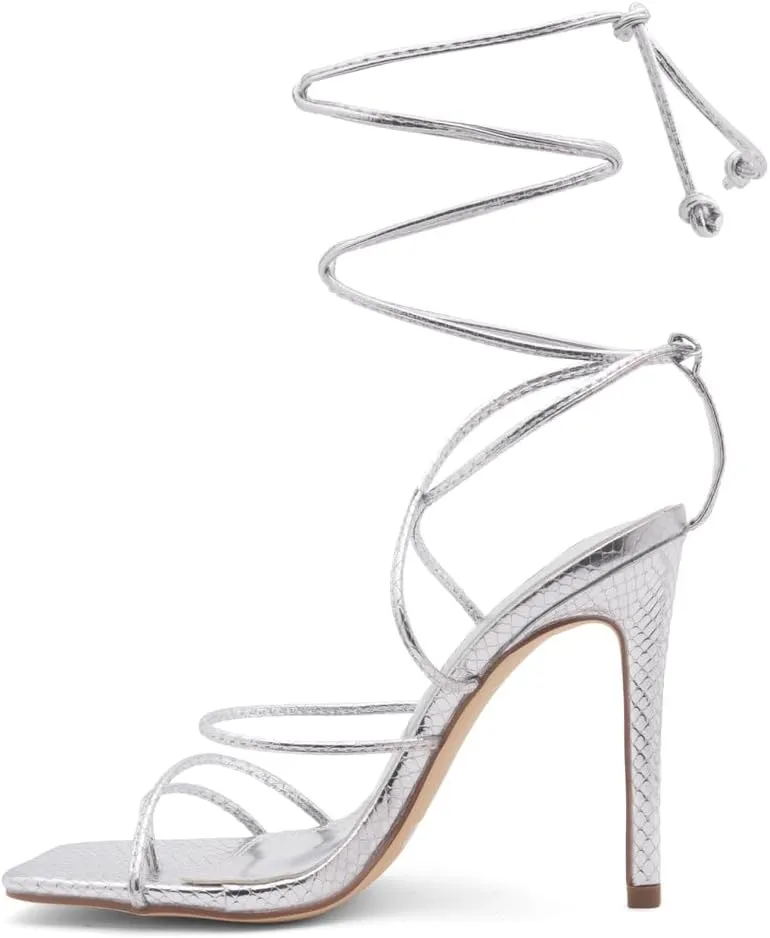 Shoe Land SL-Finely Women's Lace-Up Heels, Square Open Toe Ankle Wrap Tie-Up Heeled Sandals, 4-Inch Stiletto Strappy Dress Sandals for Party, Wedding, and Prom