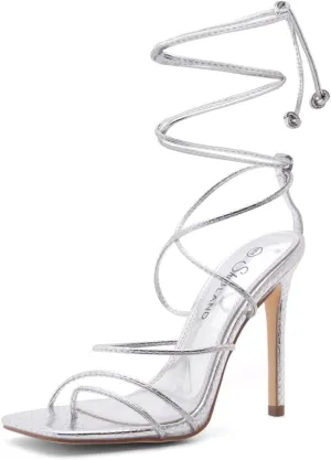 Shoe Land SL-Finely Women's Lace-Up Heels, Square Open Toe Ankle Wrap Tie-Up Heeled Sandals, 4-Inch Stiletto Strappy Dress Sandals for Party, Wedding, and Prom