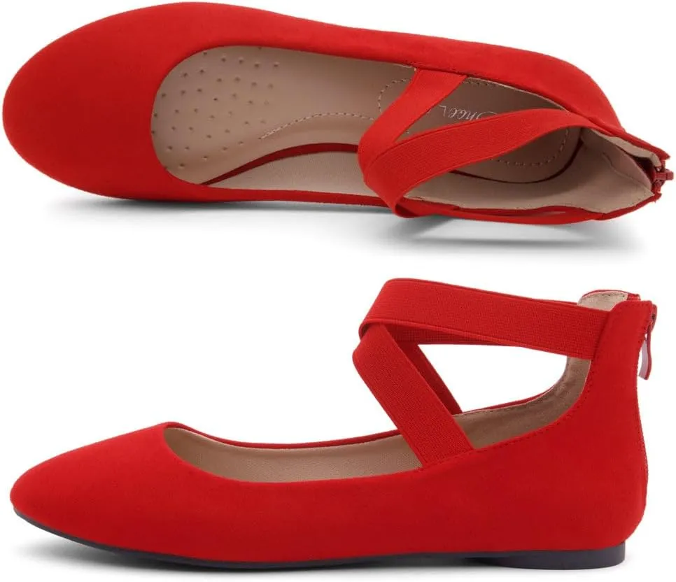 Shoe Land Women's Flats – Dressy & Casual Almond Toe Flat Shoes with Elastic Ankle Strap, Comfortable Slip-On Ballet Flats for Work, Office & Special Occasions