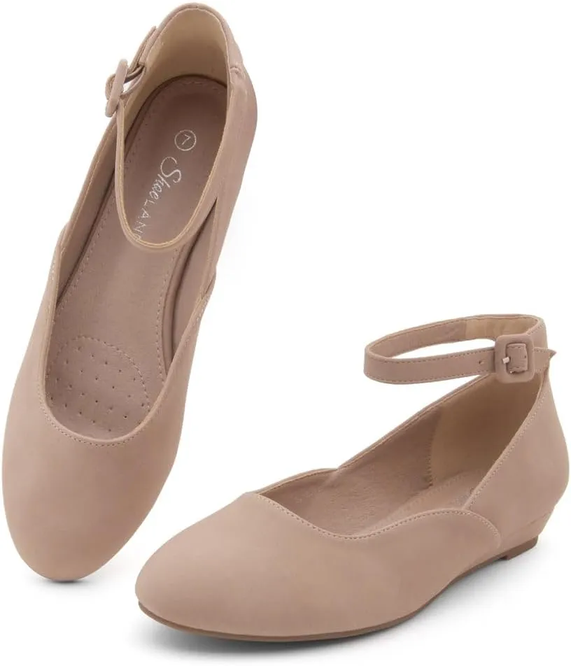 Shoe Land Women’s Flats – Dressy & Comfortable Slip-On Shoes with Low Wedge & Ankle Strap | Round Toe Ballet Flats for Work, Office, Party & Business Casual
