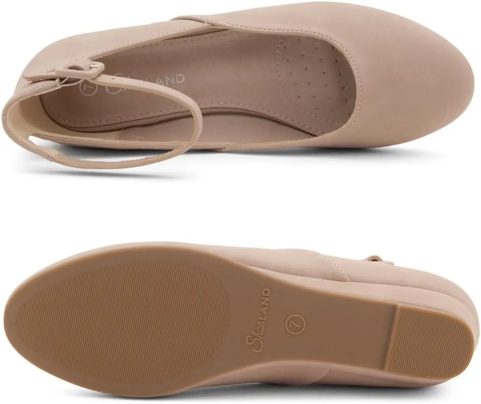 Shoe Land Women’s Flats – Dressy & Comfortable Slip-On Shoes with Low Wedge & Ankle Strap | Round Toe Ballet Flats for Work, Office, Party & Business Casual