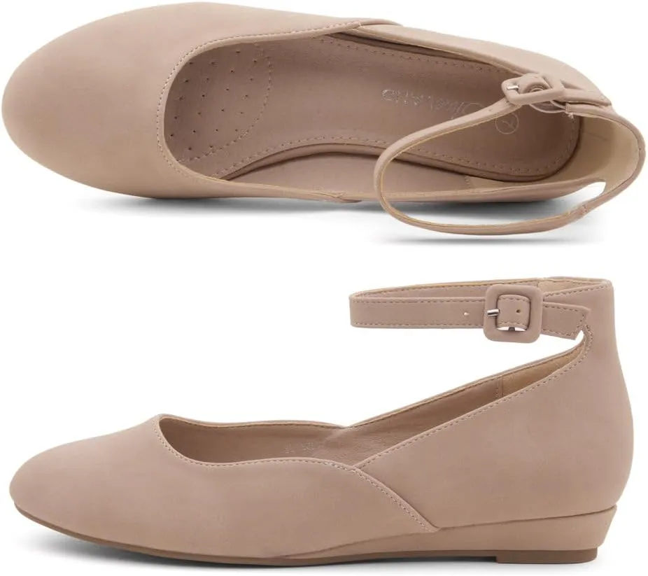 Shoe Land Women’s Flats – Dressy & Comfortable Slip-On Shoes with Low Wedge & Ankle Strap | Round Toe Ballet Flats for Work, Office, Party & Business Casual
