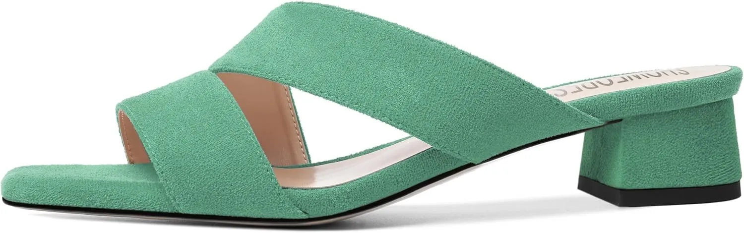 SHOWFOREST Womens Home Square Toe Solid Fashion Slip On Suede Chunky Low Heel Sandals 1.5 Inch