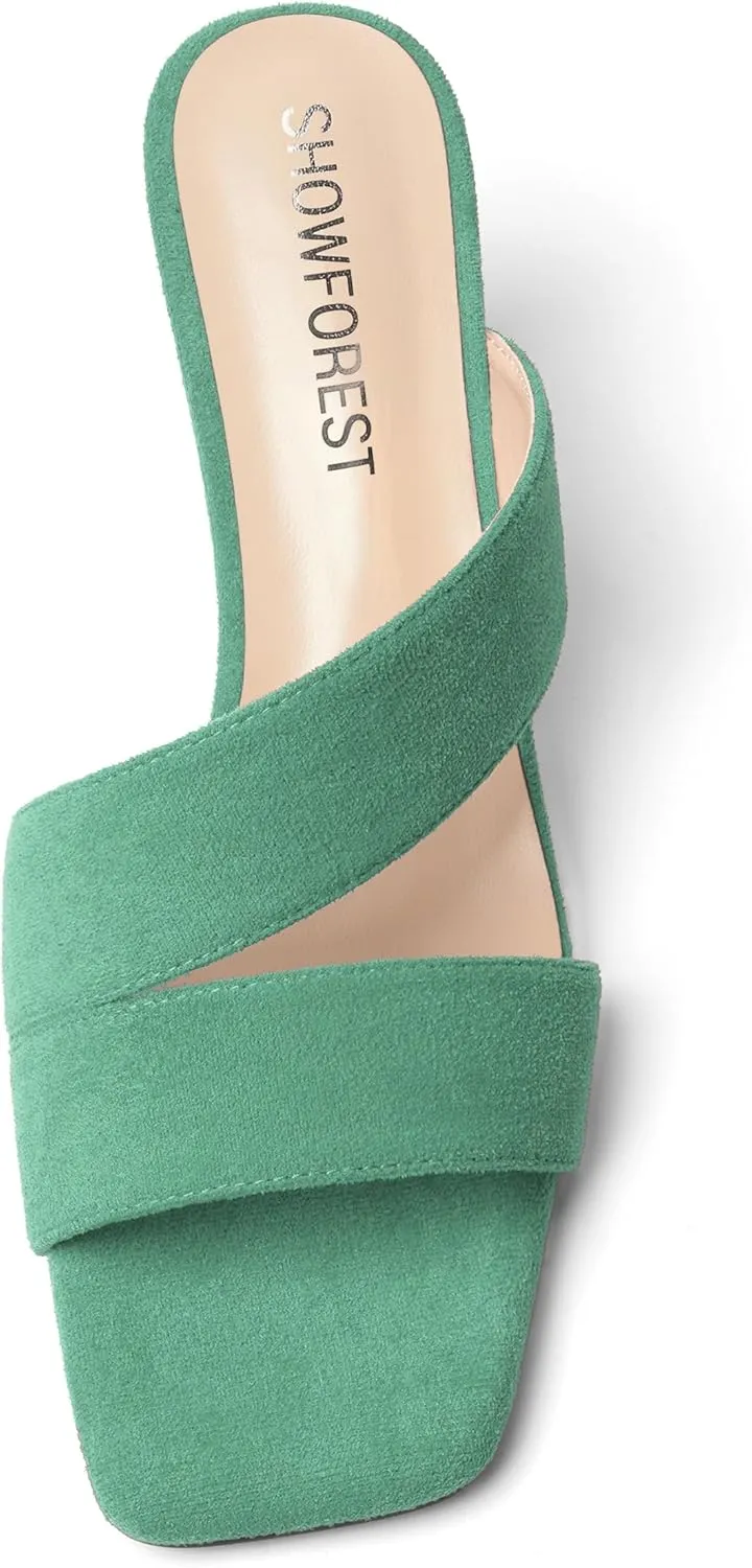 SHOWFOREST Womens Home Square Toe Solid Fashion Slip On Suede Chunky Low Heel Sandals 1.5 Inch