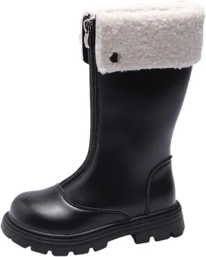 Side Zipper Leather Boots For Girls Kids Toddler Childrens 𝐖aterproof Shoes Outdoor Dress Dance Fuzzy Soft Mid Boots