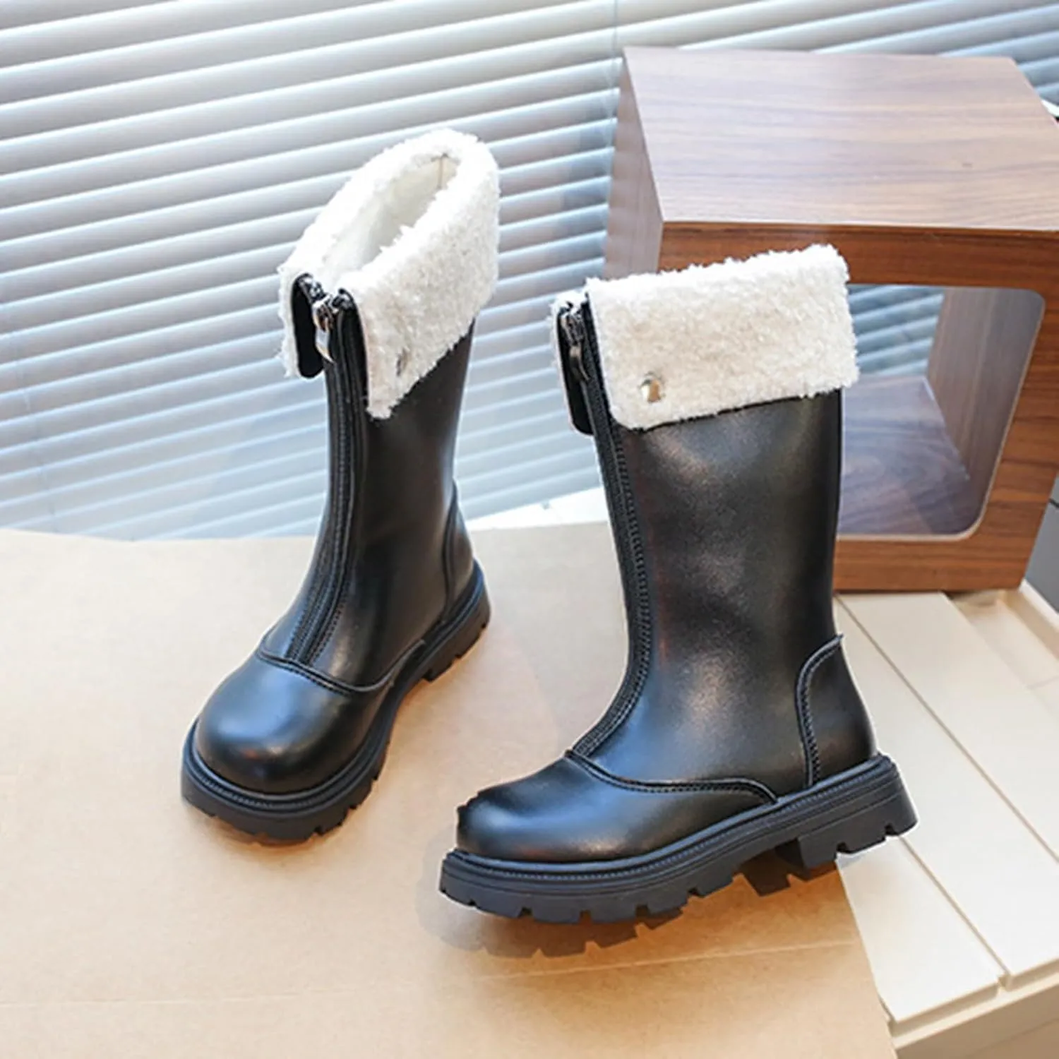 Side Zipper Leather Boots For Girls Kids Toddler Childrens 𝐖aterproof Shoes Outdoor Dress Dance Fuzzy Soft Mid Boots