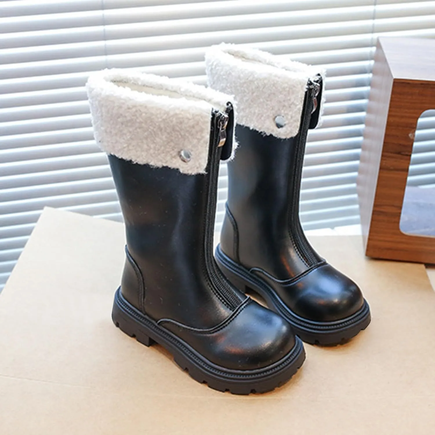 Side Zipper Leather Boots For Girls Kids Toddler Childrens 𝐖aterproof Shoes Outdoor Dress Dance Fuzzy Soft Mid Boots