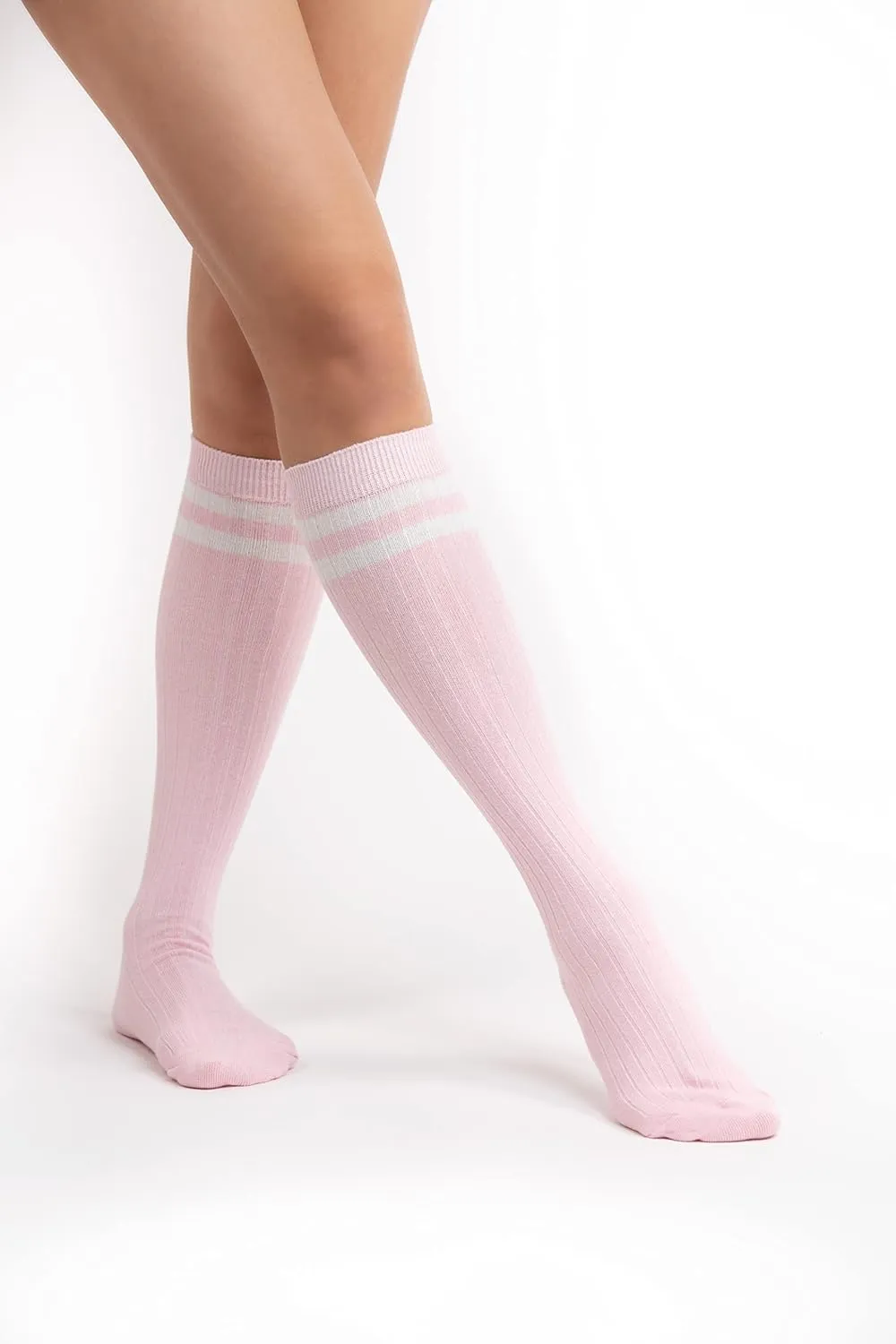 Sirici Knee Socks | 4 Pairs Striped Cotton Knee High Socks For Women | Tube Socks for girls (White w