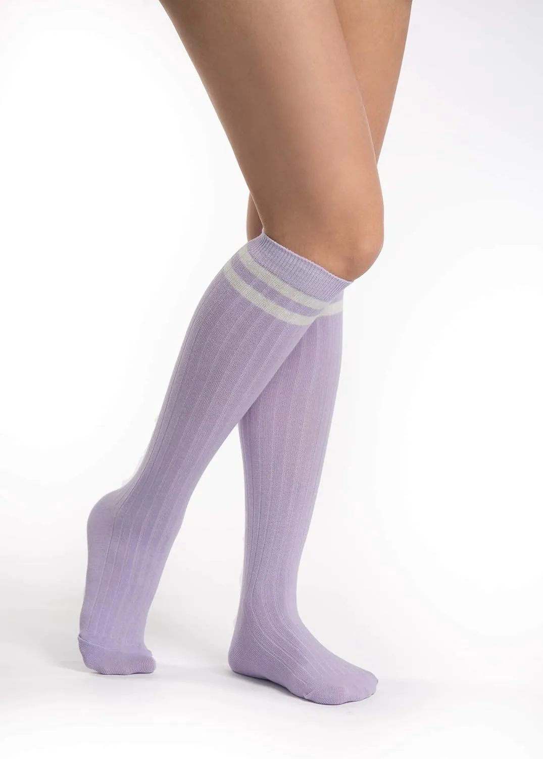Sirici Knee Socks | 4 Pairs Striped Cotton Knee High Socks For Women | Tube Socks for girls (White w