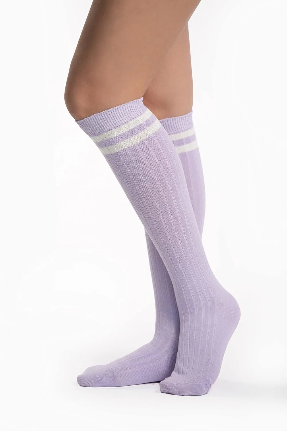 Sirici Knee Socks | 4 Pairs Striped Cotton Knee High Socks For Women | Tube Socks for girls (White w