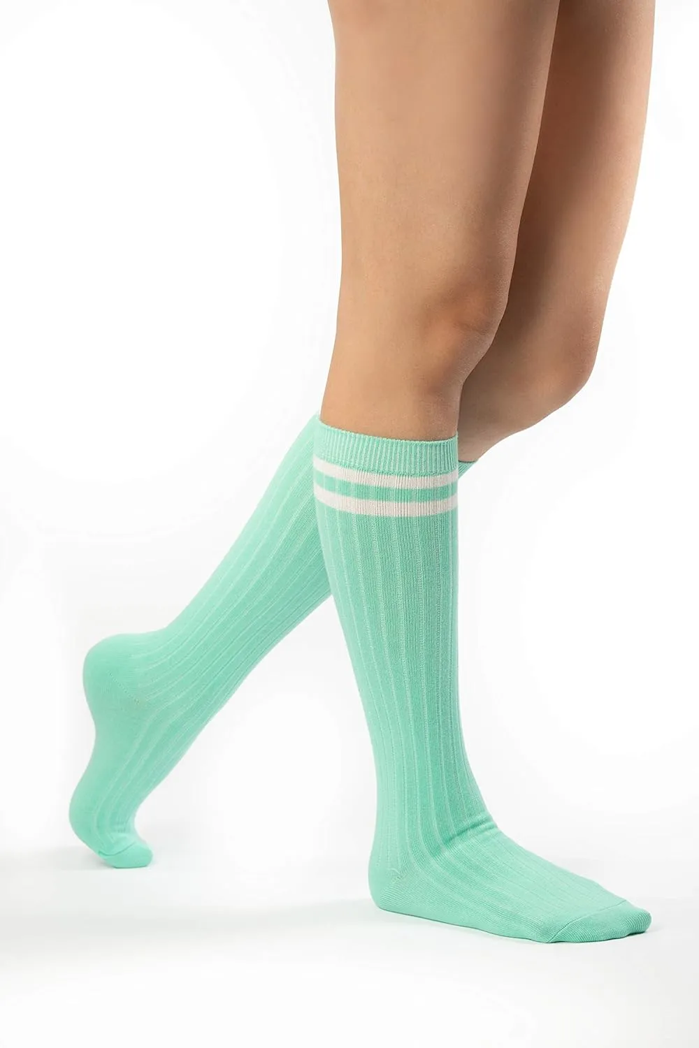 Sirici Knee Socks | 4 Pairs Striped Cotton Knee High Socks For Women | Tube Socks for girls (White w