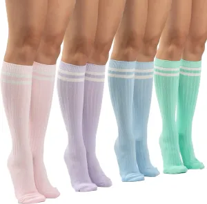 Sirici Knee Socks | 4 Pairs Striped Cotton Knee High Socks For Women | Tube Socks for girls (White w
