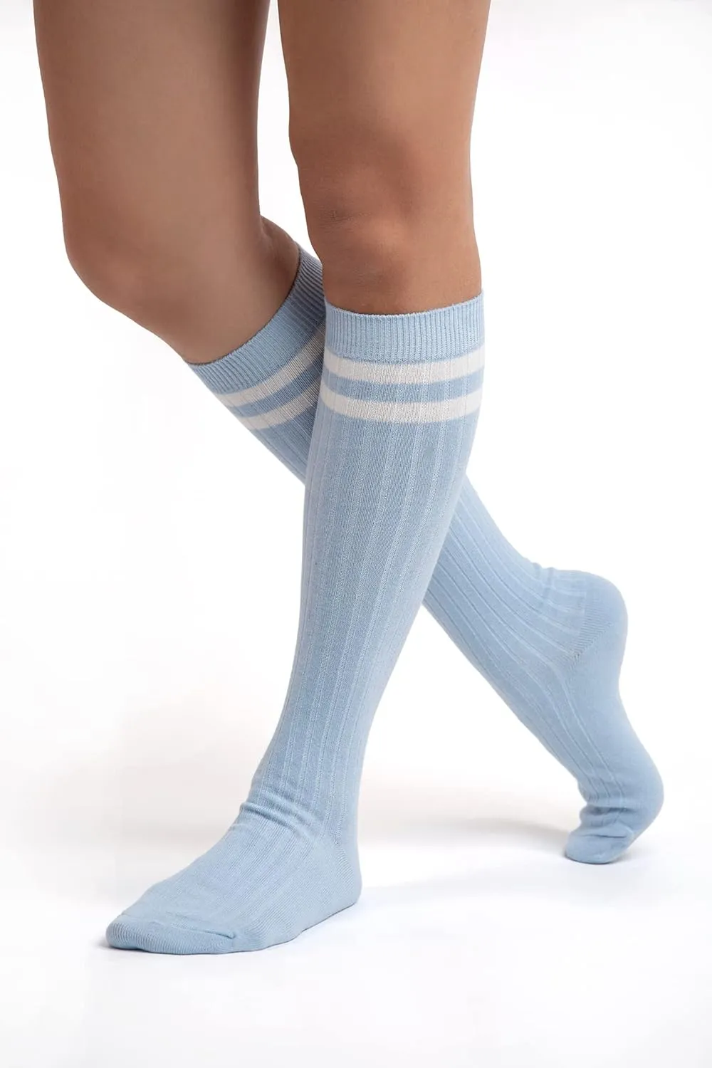 Sirici Knee Socks | 4 Pairs Striped Cotton Knee High Socks For Women | Tube Socks for girls (White w