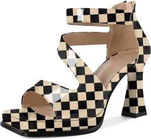Soireelady Womens Platform Chunky Heel Sandals, Square Open Toe Block High Heels, Ankle Strappy Heeled Sandals Wedding Prom Dress Shoes 3.5 Inch