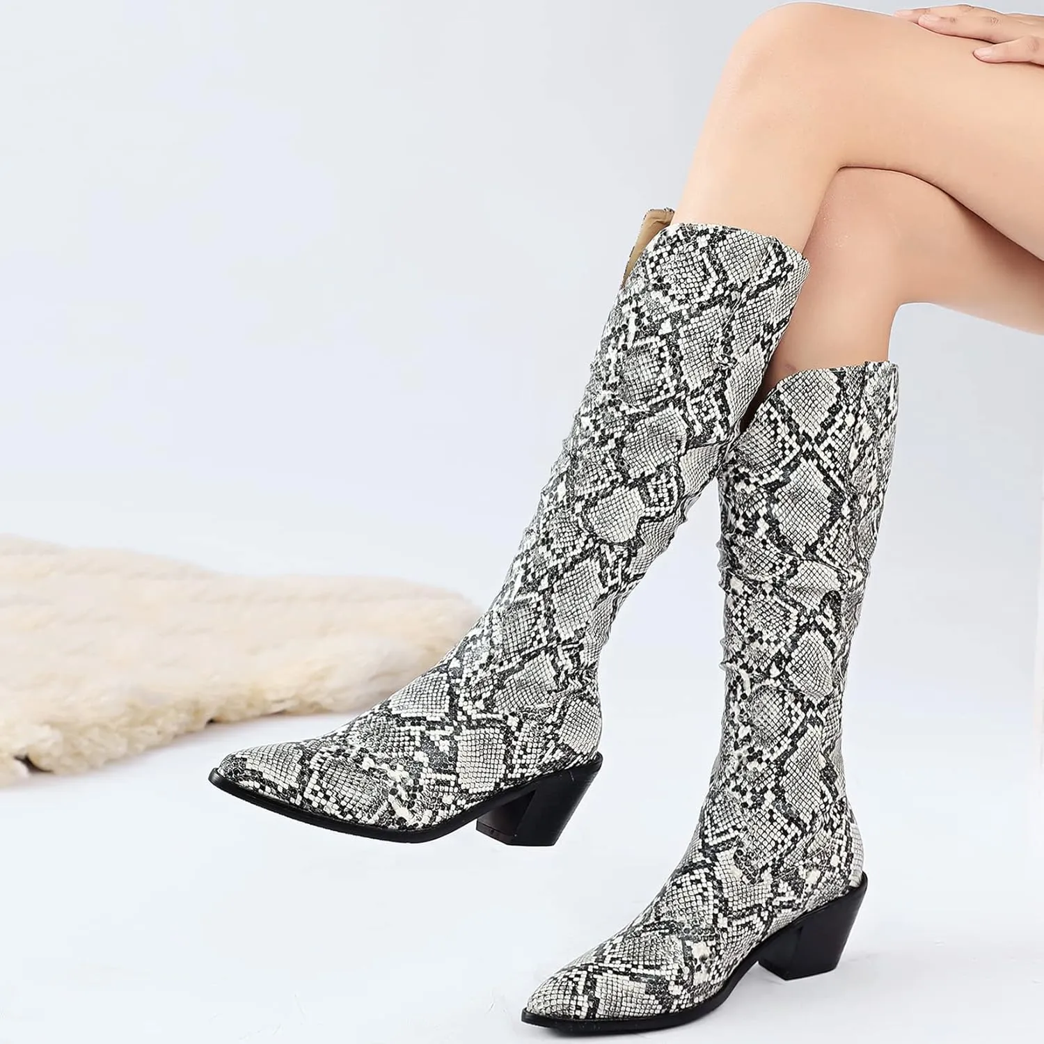 SoundSky Colorful Snakeskin Cowgirl Boots Pointed Toe Snake Print Western Knee High Boots Chunky Block Heels Pull On Boots for Women