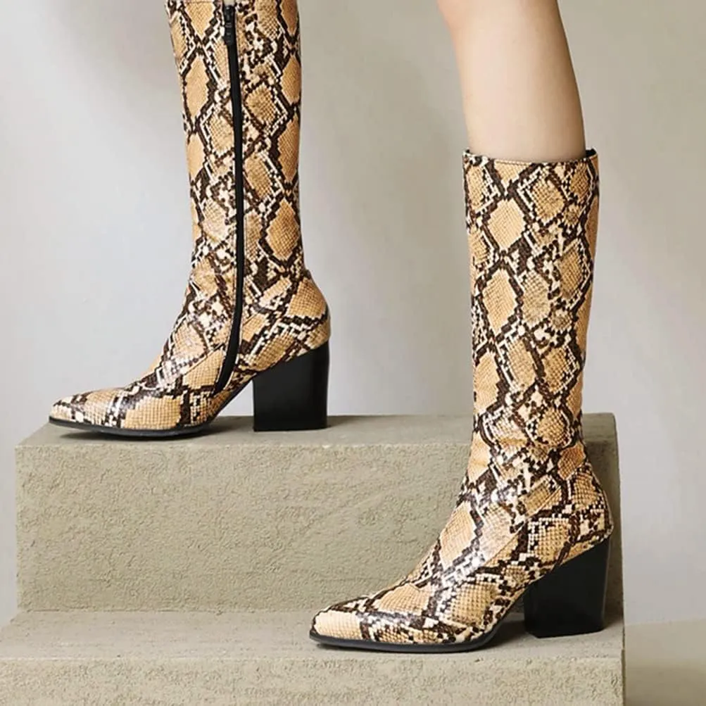 SoundSky Women Colorful Snake Print Boots Block Heel Knee High Boots Chunky Heel Side Zipper Snakeskin Pointed Toe Shoes