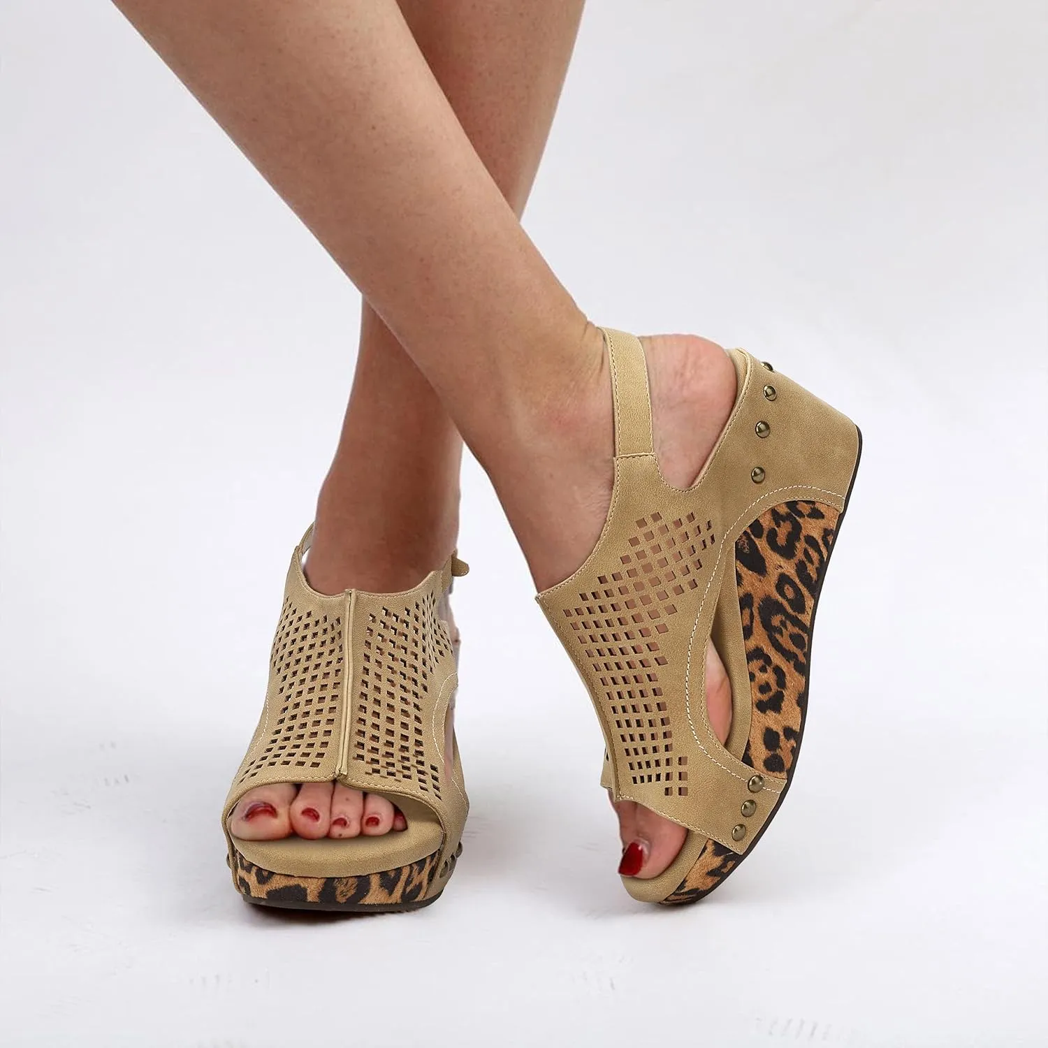 SPR&JOY Womens Wedge Sandals, Cut Out Open Toe Platform Heels, Slingback Ankle Strap Summer Casual Dress Shoes
