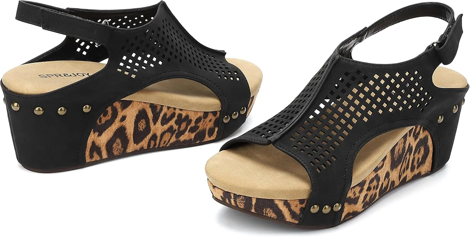 SPR&JOY Womens Wedge Sandals, Cut Out Open Toe Platform Heels, Slingback Ankle Strap Summer Casual Dress Shoes