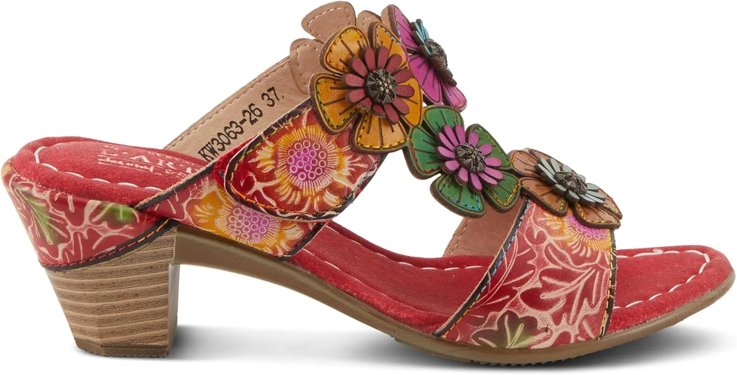 Spring Step L'Artiste Women's SUMMERFUN Hand-Painted Sandals - Leather Wrapped Heel, Asymmetrical Flower Design