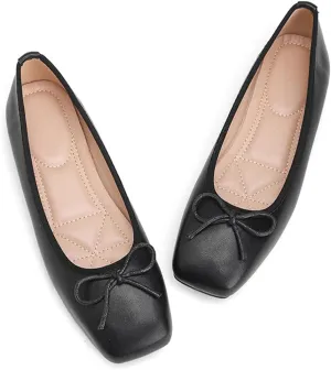 Square Toe Ballet Flats with Bow, Cushioned Insole, Available in White, Black, Red, Yellow, Green，Brown.Bulk Order Women Shoes Customizable
