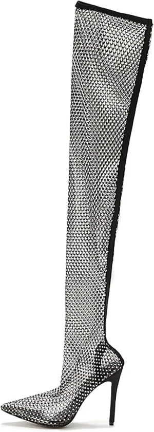 Stiletto High Heels Thigh High Boots for Women Ladies Sheer Mesh Lace Rhinestones Pointed Toe Dress Pump Over The Knee Boots Black Clear Slim Slip On Long Tall Boots Party