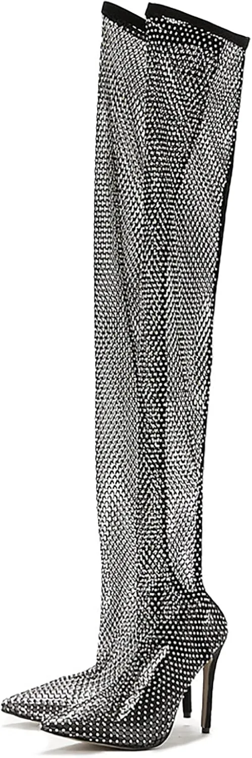 Stiletto High Heels Thigh High Boots for Women Ladies Sheer Mesh Lace Rhinestones Pointed Toe Dress Pump Over The Knee Boots Black Clear Slim Slip On Long Tall Boots Party