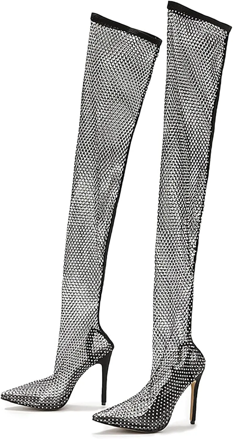 Stiletto High Heels Thigh High Boots for Women Ladies Sheer Mesh Lace Rhinestones Pointed Toe Dress Pump Over The Knee Boots Black Clear Slim Slip On Long Tall Boots Party