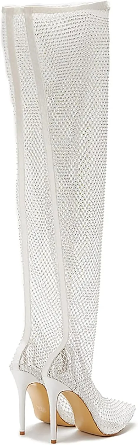 Stiletto High Heels Thigh High Boots for Women Ladies Sheer Mesh Lace Rhinestones Pointed Toe Dress Pump Over The Knee Boots Black Clear Slim Slip On Long Tall Boots Party
