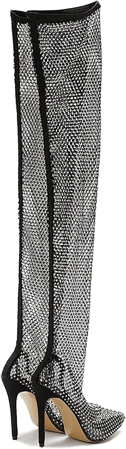 Stiletto High Heels Thigh High Boots for Women Ladies Sheer Mesh Lace Rhinestones Pointed Toe Dress Pump Over The Knee Boots Black Clear Slim Slip On Long Tall Boots Party