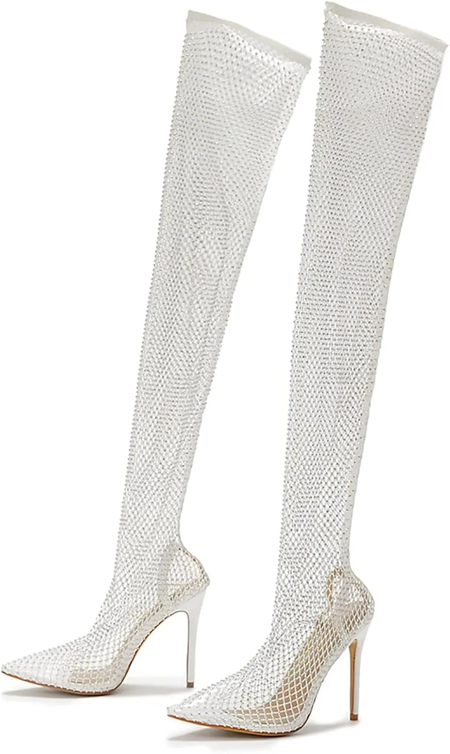 Stiletto High Heels Thigh High Boots for Women Ladies Sheer Mesh Lace Rhinestones Pointed Toe Dress Pump Over The Knee Boots Black Clear Slim Slip On Long Tall Boots Party