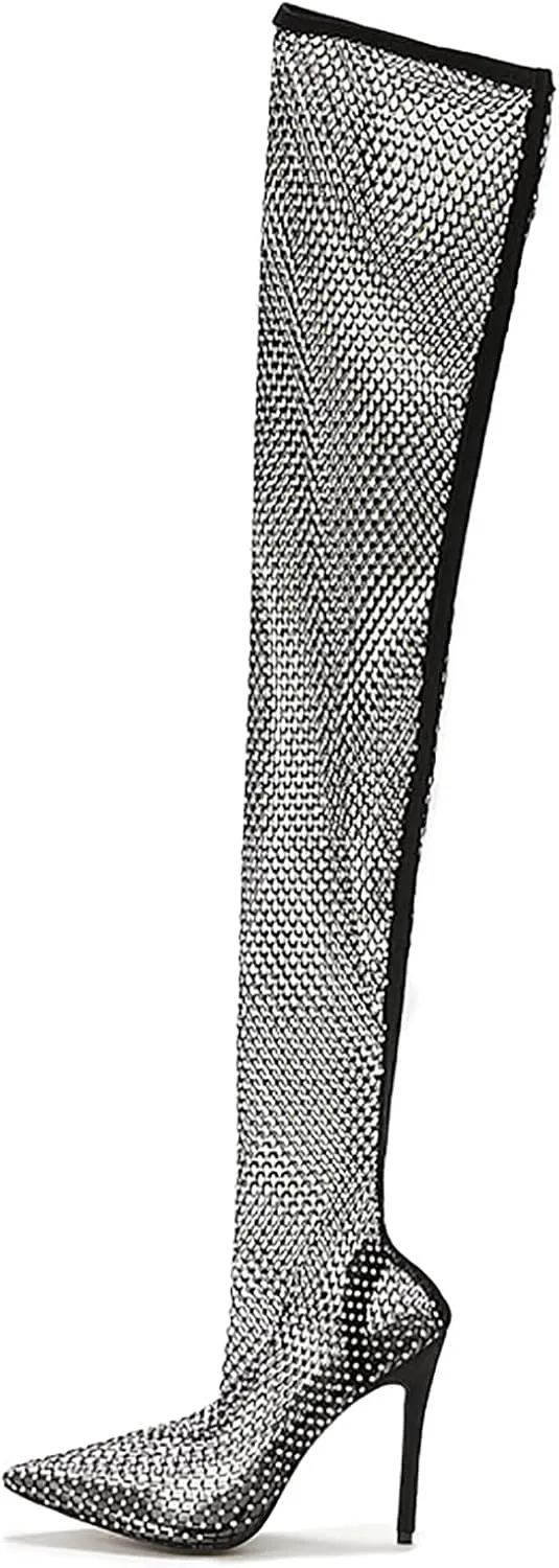 Stiletto High Heels Thigh High Boots for Women Ladies Sheer Mesh Lace Rhinestones Pointed Toe Dress Pump Over The Knee Boots Black Clear Slim Slip On Long Tall Boots Party