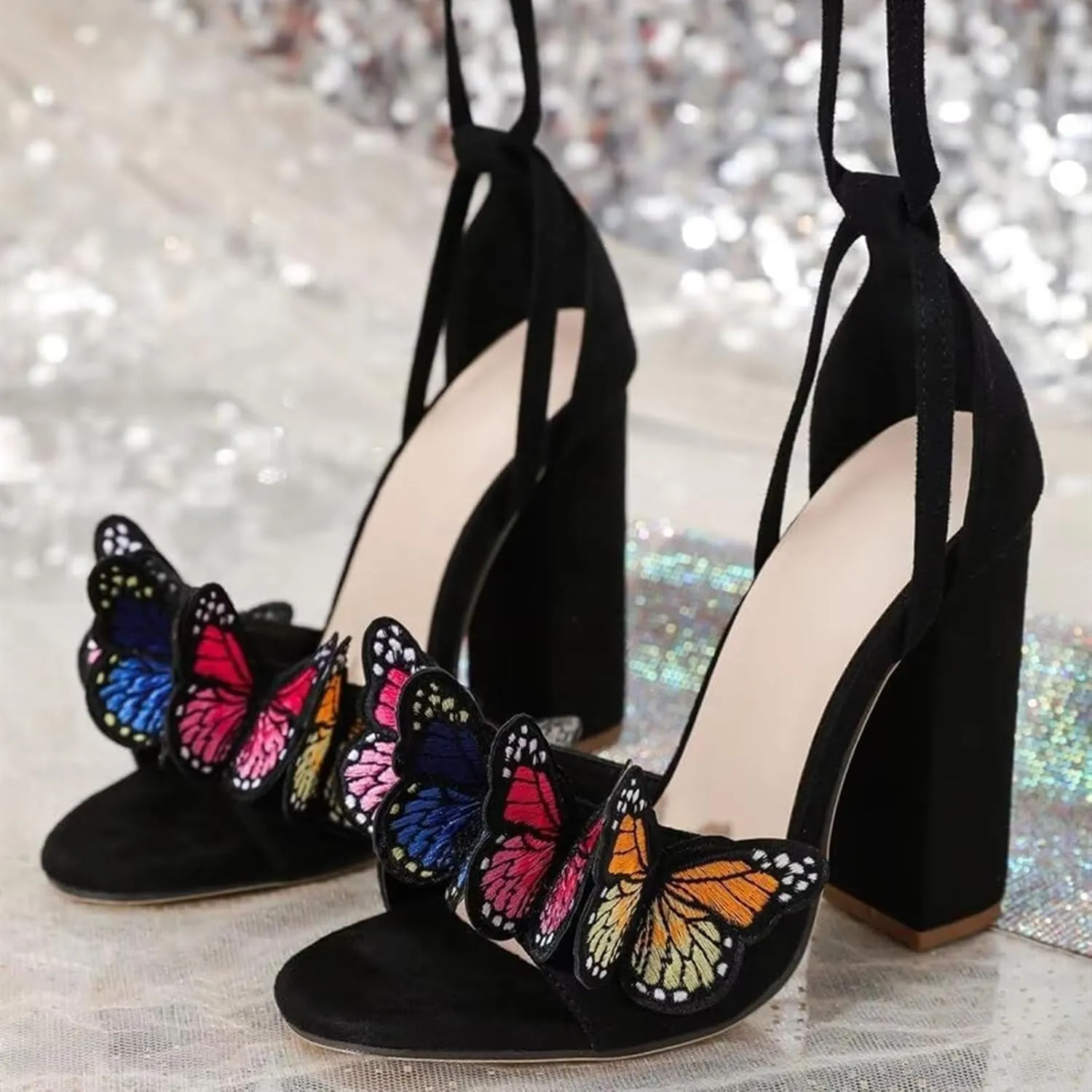 Strappy Sandals for Women Butterfly Ankle Wrap Block Heeled Sandals Open Toe Lace-up Chunky Heels Sandal Wedding Bride Dressy Pumps