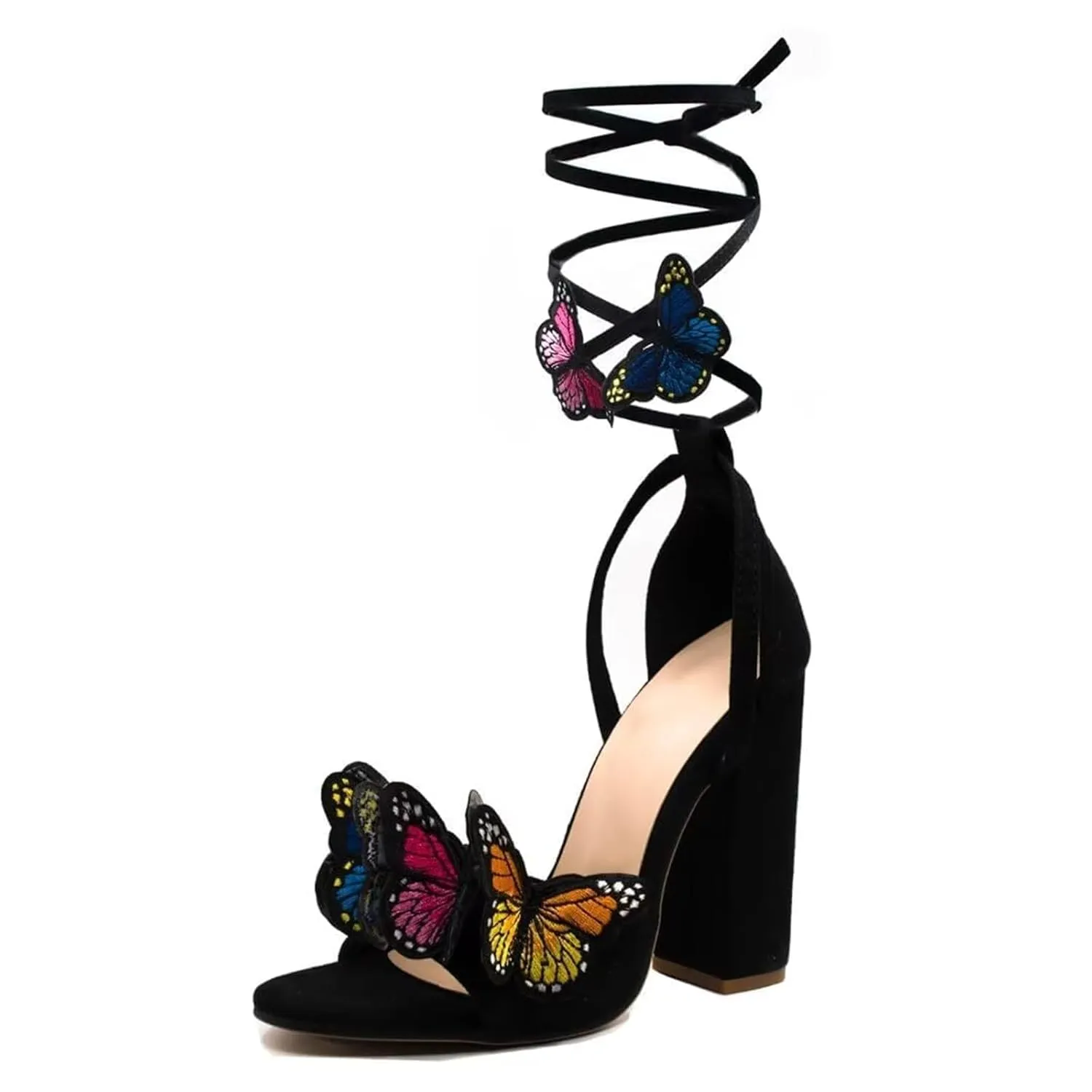 Strappy Sandals for Women Butterfly Ankle Wrap Block Heeled Sandals Open Toe Lace-up Chunky Heels Sandal Wedding Bride Dressy Pumps