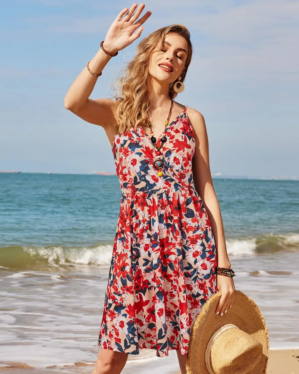 STYLEWORD Womens Sundress Summer Floral Wrap V Neck Backless A-Line Casual Beach Midi Dress