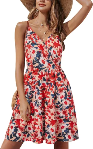 STYLEWORD Womens Sundress Summer Floral Wrap V Neck Backless A-Line Casual Beach Midi Dress