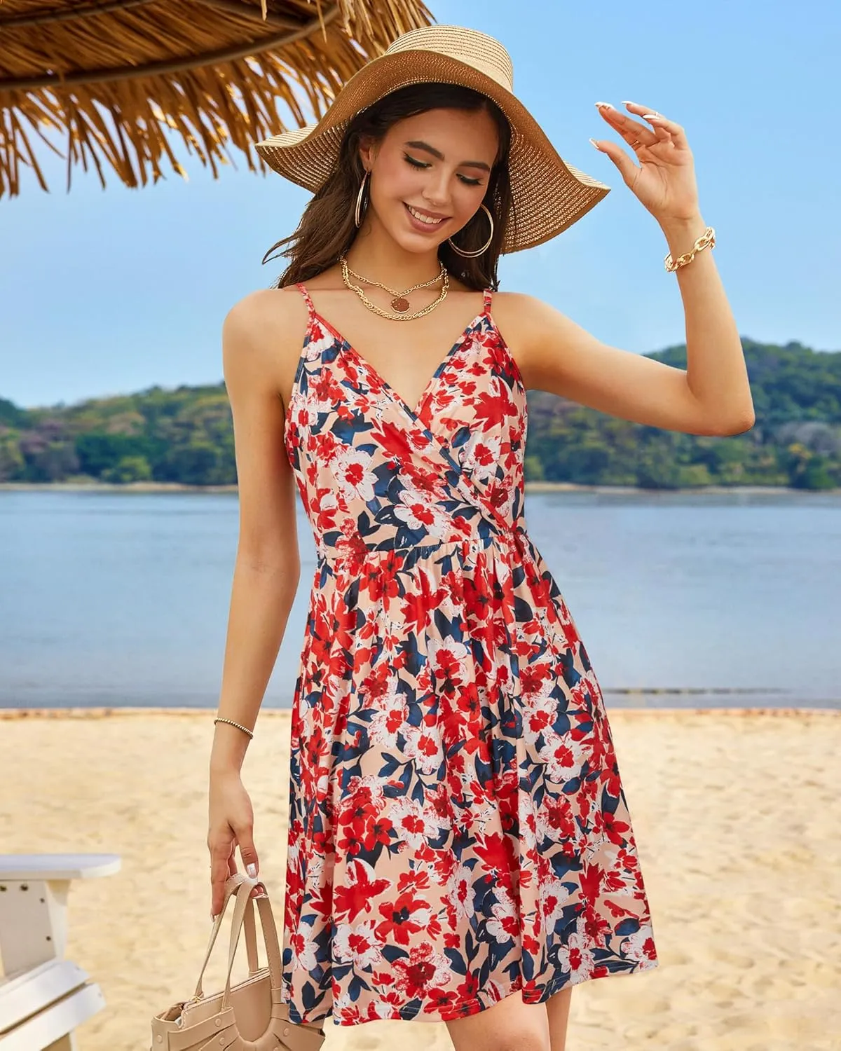 STYLEWORD Womens Sundress Summer Floral Wrap V Neck Backless A-Line Casual Beach Midi Dress