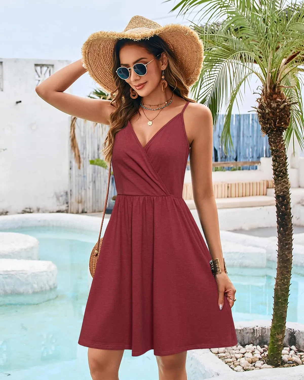 STYLEWORD Womens Sundress Summer Floral Wrap V Neck Backless A-Line Casual Beach Midi Dress