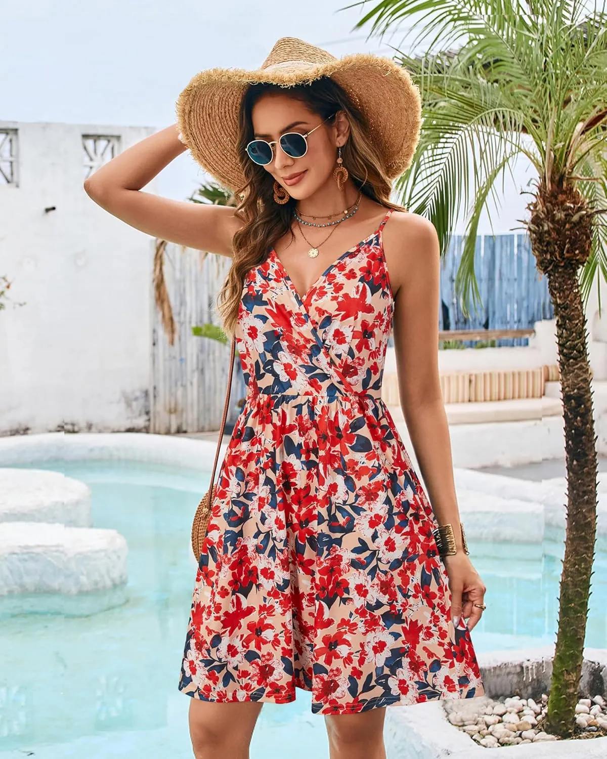 STYLEWORD Womens Sundress Summer Floral Wrap V Neck Backless A-Line Casual Beach Midi Dress