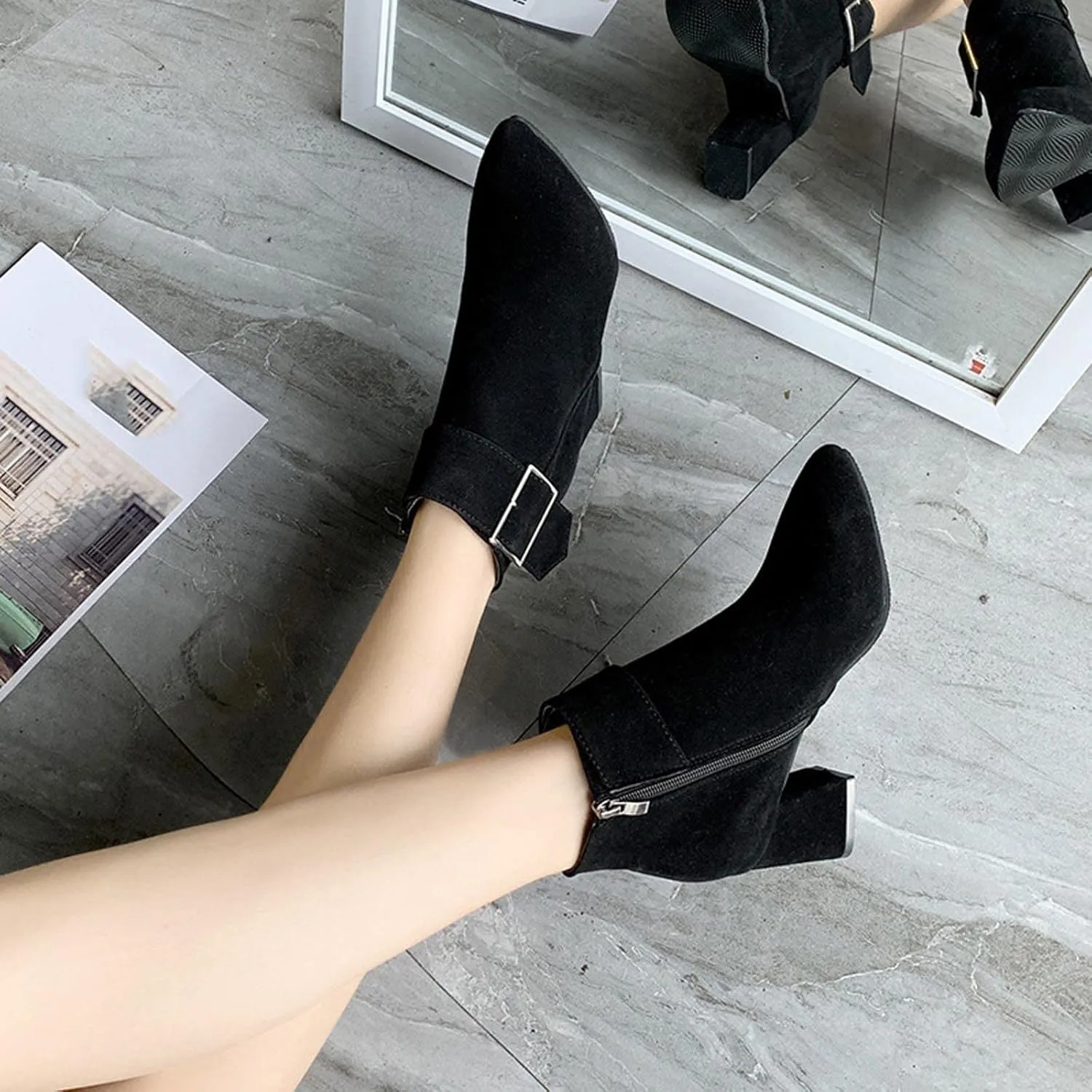 Suede Ankle Boots for Women Chunky Heel Pointed Toe Belt Buckle Side Zipper Block High Heels Booties Fall Winter Dressy Casual Comfy Ladies Shoes