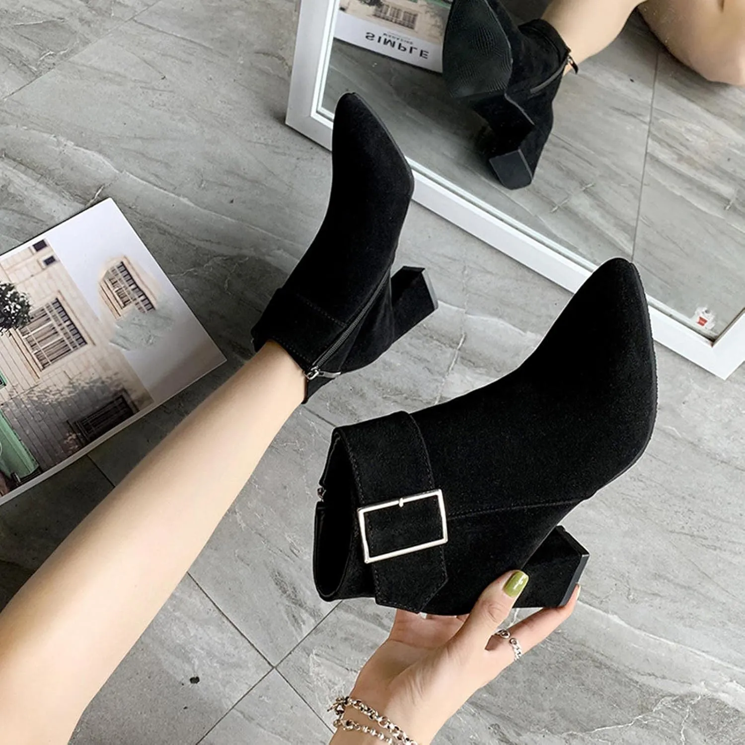 Suede Ankle Boots for Women Chunky Heel Pointed Toe Belt Buckle Side Zipper Block High Heels Booties Fall Winter Dressy Casual Comfy Ladies Shoes